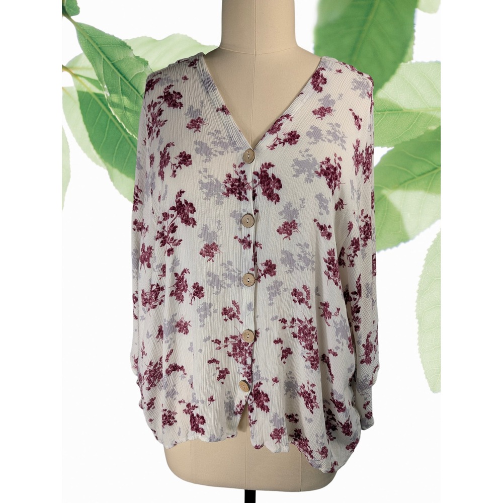Oddi Womens 3XL Floral Rayon Crepe Kimono Sleeve Button Front Blouse Off White